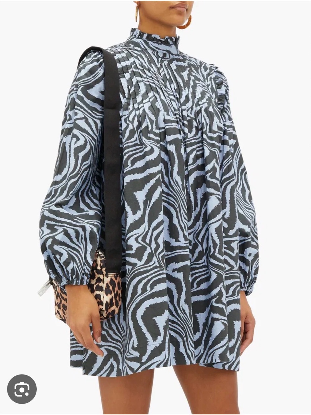 Ganni Zebra-Print Mini Dress in Black & Light Blue